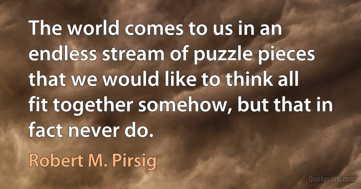 The world comes to us in an endless stream of puzzle pieces that we would like to think all fit together somehow, but that in fact never do. (Robert M. Pirsig)