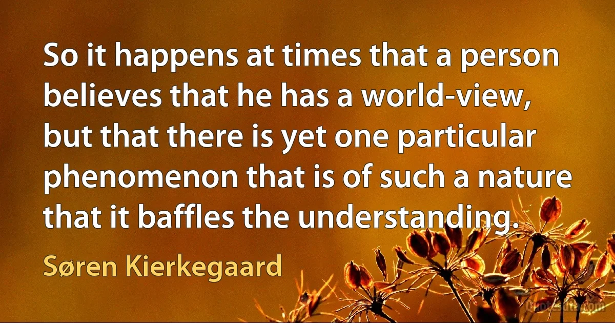 So it happens at times that a person believes that he has a world-view, but that there is yet one particular phenomenon that is of such a nature that it baffles the understanding. (Søren Kierkegaard)