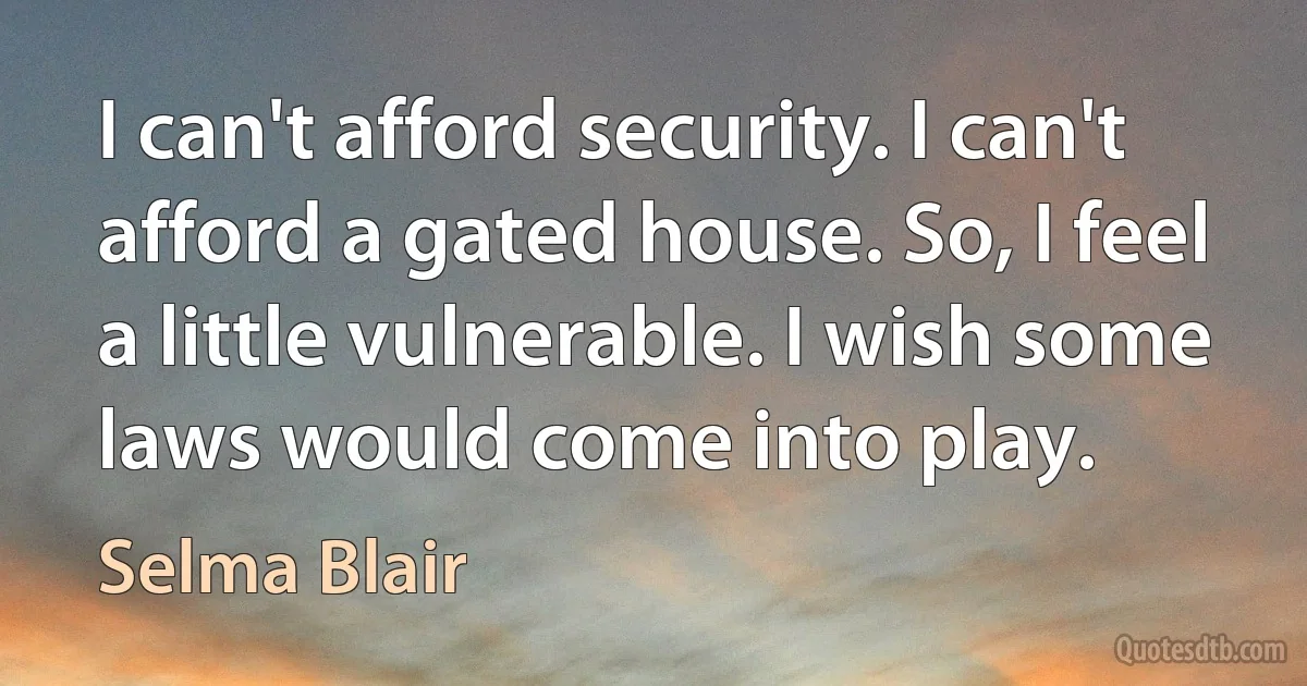 I can't afford security. I can't afford a gated house. So, I feel a little vulnerable. I wish some laws would come into play. (Selma Blair)