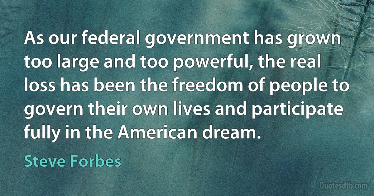 As our federal government has grown too large and too powerful, the real loss has been the freedom of people to govern their own lives and participate fully in the American dream. (Steve Forbes)