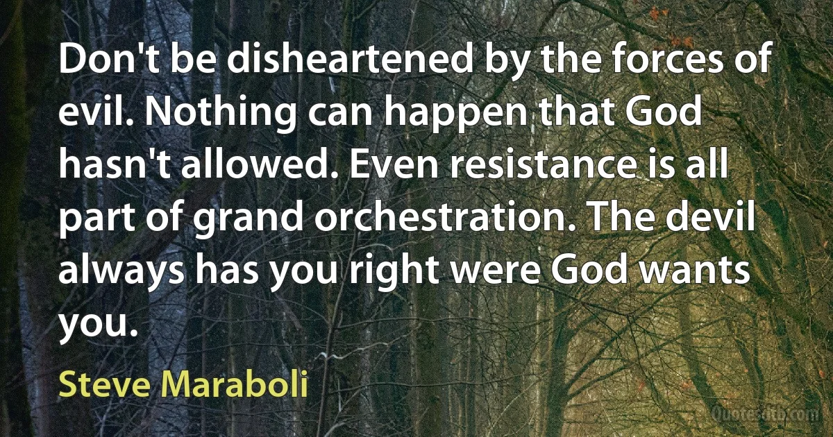 Don't be disheartened by the forces of evil. Nothing can happen that God hasn't allowed. Even resistance is all part of grand orchestration. The devil always has you right were God wants you. (Steve Maraboli)