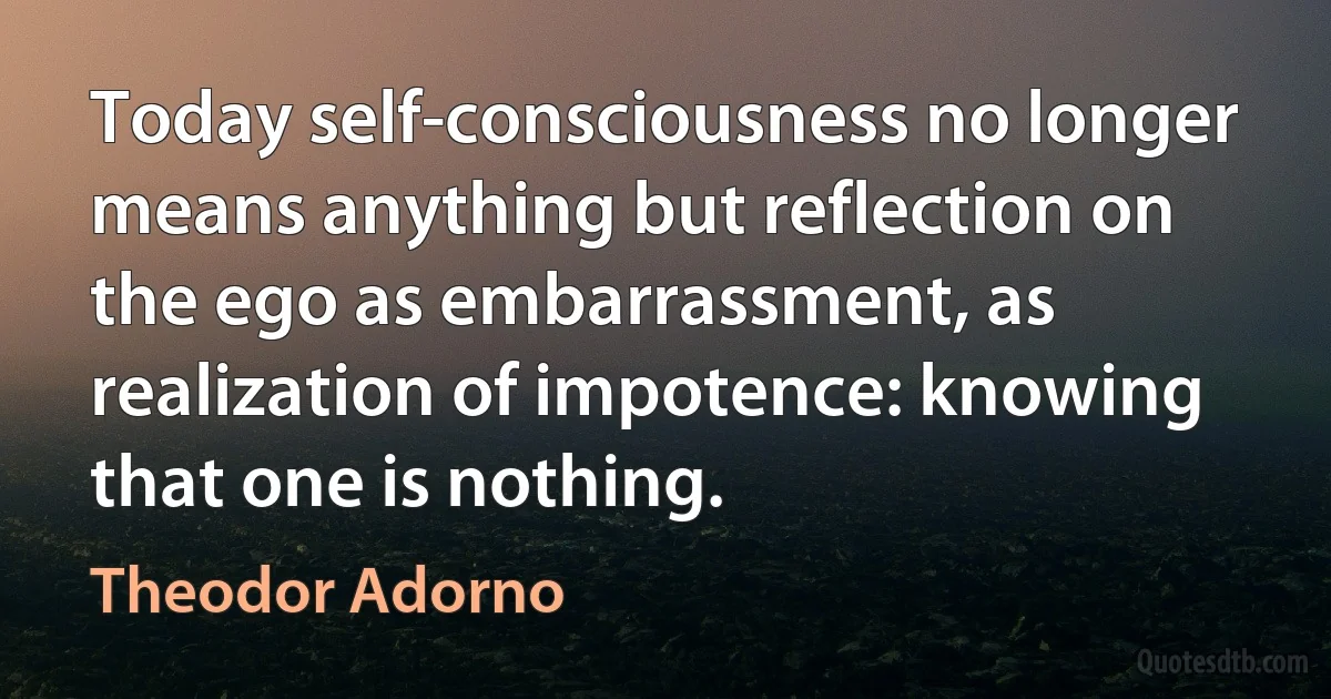 Today self-consciousness no longer means anything but reflection on the ego as embarrassment, as realization of impotence: knowing that one is nothing. (Theodor Adorno)