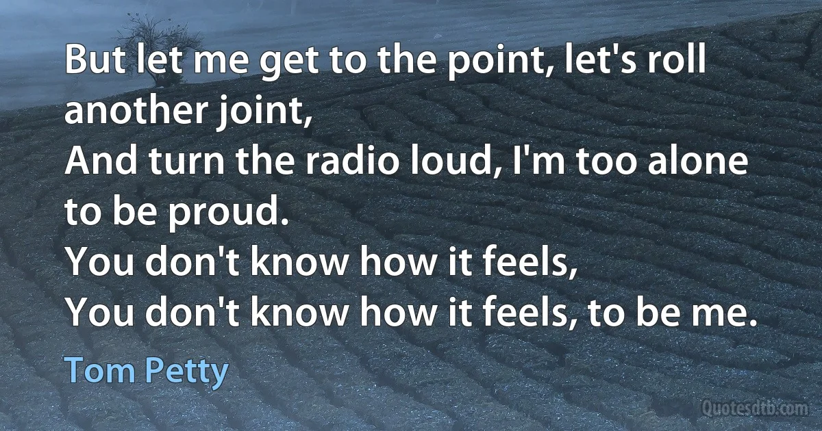 But let me get to the point, let's roll another joint,
And turn the radio loud, I'm too alone to be proud.
You don't know how it feels,
You don't know how it feels, to be me. (Tom Petty)