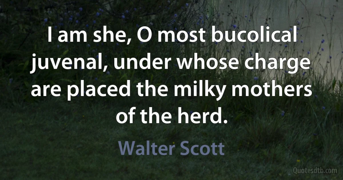 I am she, O most bucolical juvenal, under whose charge are placed the milky mothers of the herd. (Walter Scott)