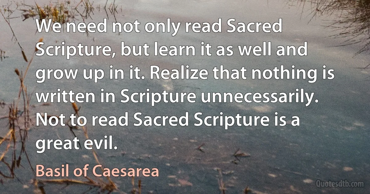 We need not only read Sacred Scripture, but learn it as well and grow up in it. Realize that nothing is written in Scripture unnecessarily. Not to read Sacred Scripture is a great evil. (Basil of Caesarea)
