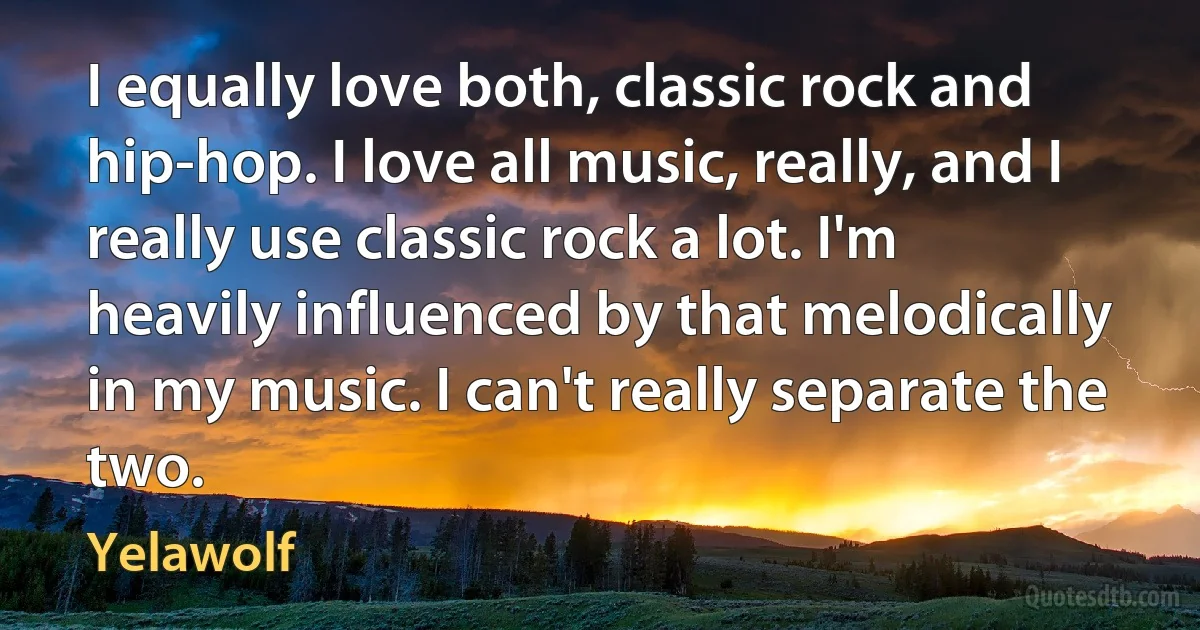 I equally love both, classic rock and hip-hop. I love all music, really, and I really use classic rock a lot. I'm heavily influenced by that melodically in my music. I can't really separate the two. (Yelawolf)