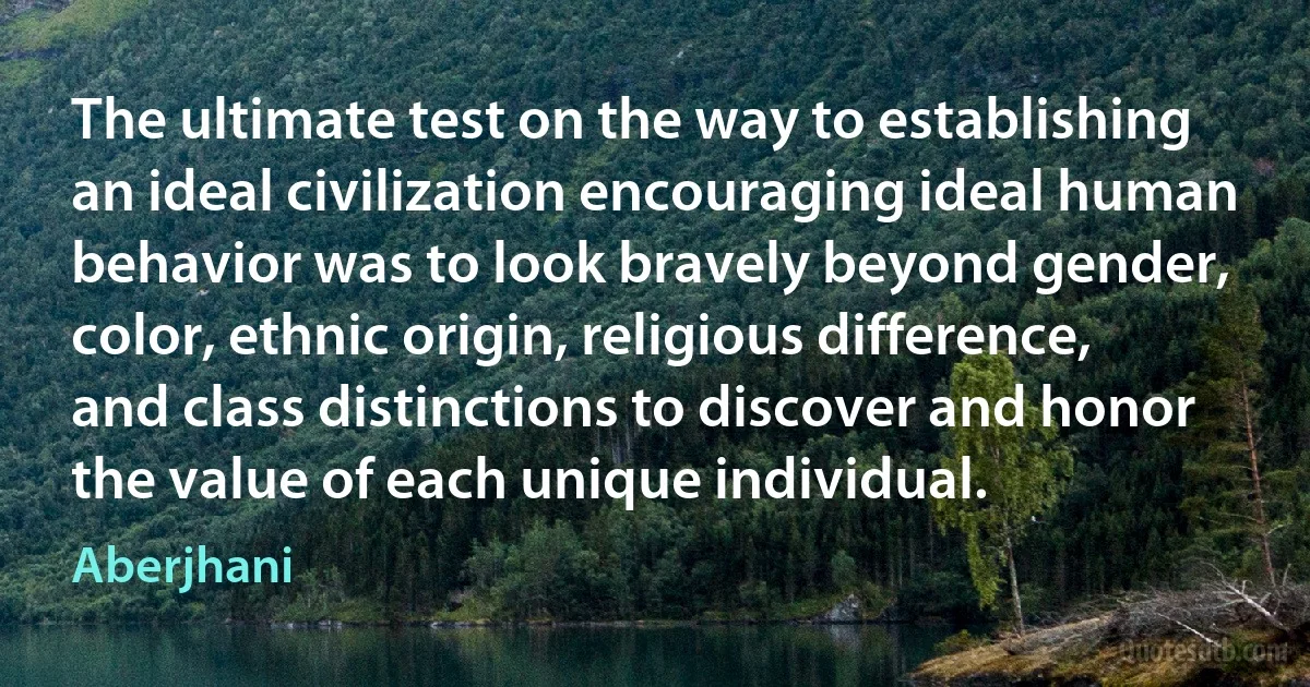 The ultimate test on the way to establishing an ideal civilization encouraging ideal human behavior was to look bravely beyond gender, color, ethnic origin, religious difference, and class distinctions to discover and honor the value of each unique individual. (Aberjhani)