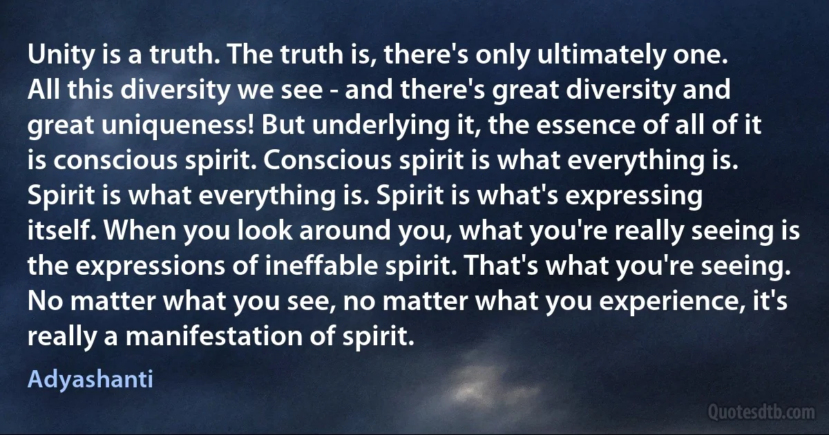 Unity is a truth. The truth is, there's only ultimately one. All this diversity we see - and there's great diversity and great uniqueness! But underlying it, the essence of all of it is conscious spirit. Conscious spirit is what everything is. Spirit is what everything is. Spirit is what's expressing itself. When you look around you, what you're really seeing is the expressions of ineffable spirit. That's what you're seeing. No matter what you see, no matter what you experience, it's really a manifestation of spirit. (Adyashanti)