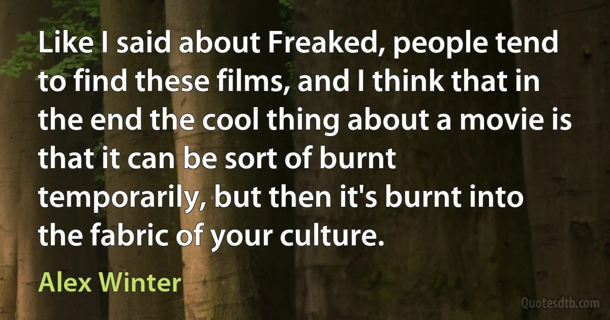 Like I said about Freaked, people tend to find these films, and I think that in the end the cool thing about a movie is that it can be sort of burnt temporarily, but then it's burnt into the fabric of your culture. (Alex Winter)