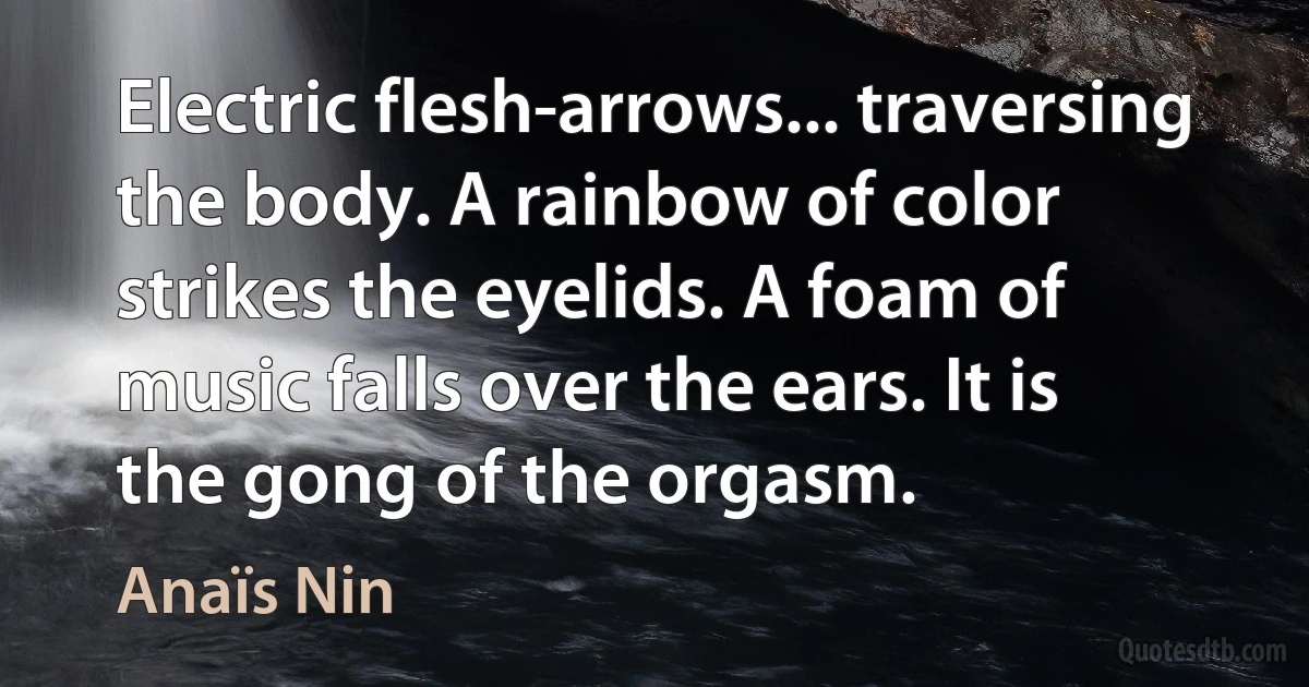 Electric flesh-arrows... traversing the body. A rainbow of color strikes the eyelids. A foam of music falls over the ears. It is the gong of the orgasm. (Anaïs Nin)