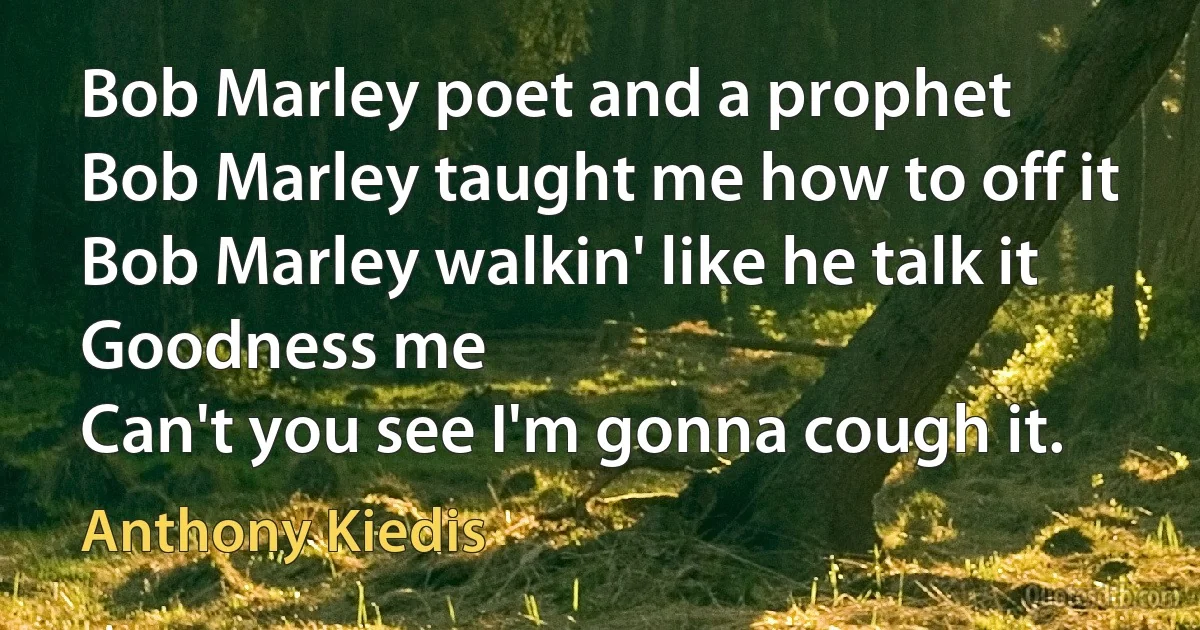 Bob Marley poet and a prophet
Bob Marley taught me how to off it
Bob Marley walkin' like he talk it
Goodness me
Can't you see I'm gonna cough it. (Anthony Kiedis)