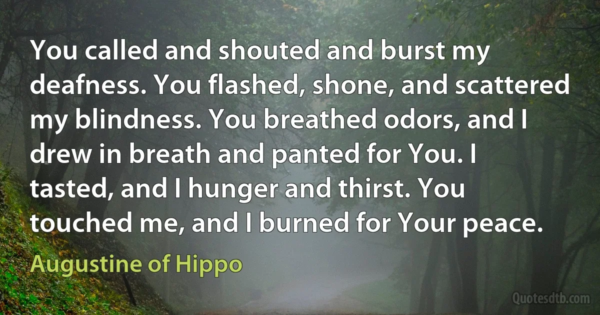 You called and shouted and burst my deafness. You flashed, shone, and scattered my blindness. You breathed odors, and I drew in breath and panted for You. I tasted, and I hunger and thirst. You touched me, and I burned for Your peace. (Augustine of Hippo)