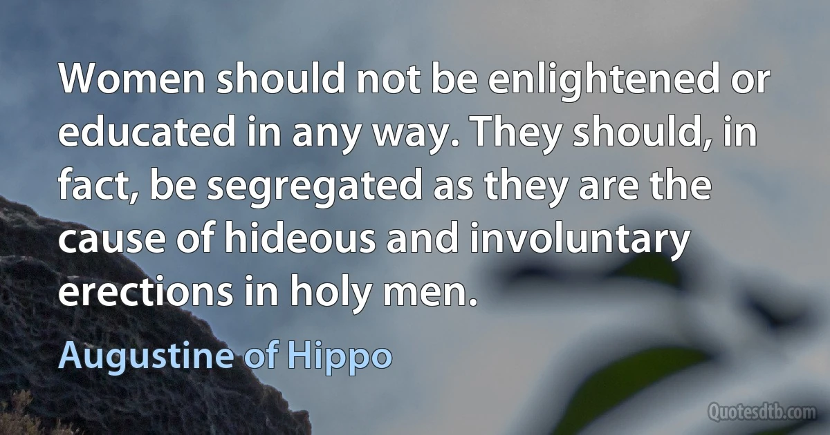 Women should not be enlightened or educated in any way. They should, in fact, be segregated as they are the cause of hideous and involuntary erections in holy men. (Augustine of Hippo)