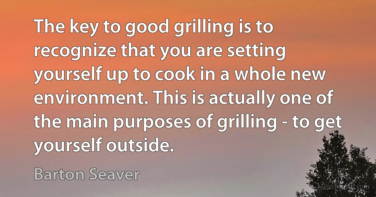 The key to good grilling is to recognize that you are setting yourself up to cook in a whole new environment. This is actually one of the main purposes of grilling - to get yourself outside. (Barton Seaver)