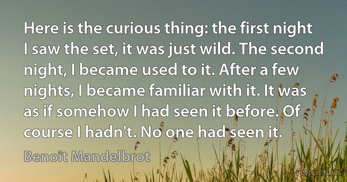 Here is the curious thing: the first night I saw the set, it was just wild. The second night, I became used to it. After a few nights, I became familiar with it. It was as if somehow I had seen it before. Of course I hadn't. No one had seen it. (Benoît Mandelbrot)