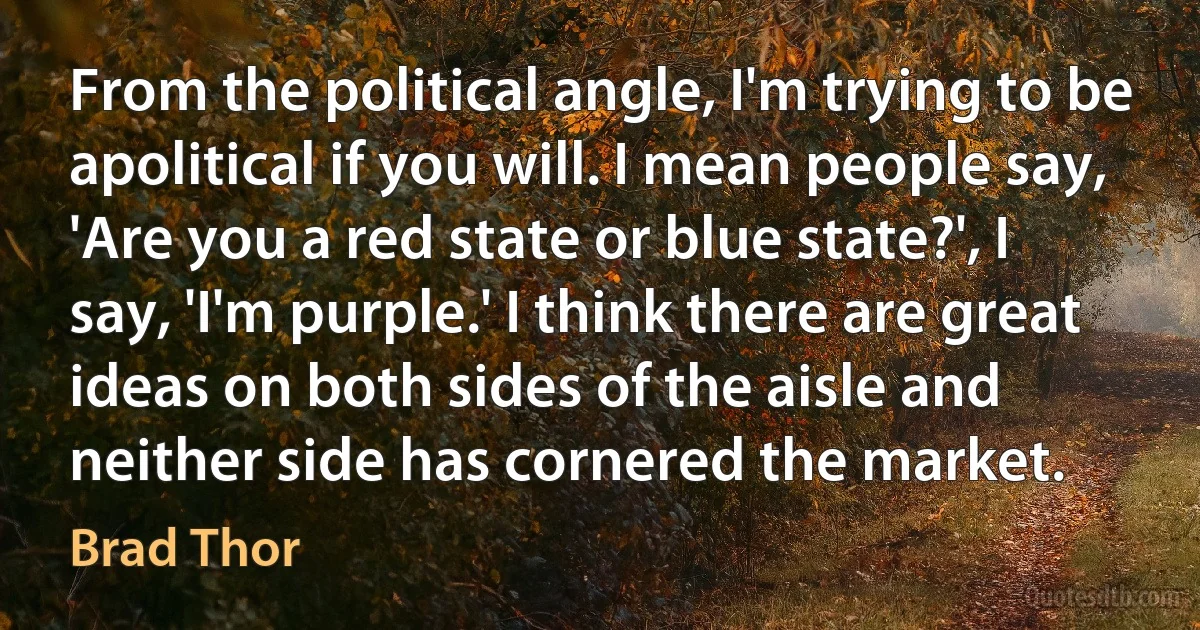 From the political angle, I'm trying to be apolitical if you will. I mean people say, 'Are you a red state or blue state?', I say, 'I'm purple.' I think there are great ideas on both sides of the aisle and neither side has cornered the market. (Brad Thor)