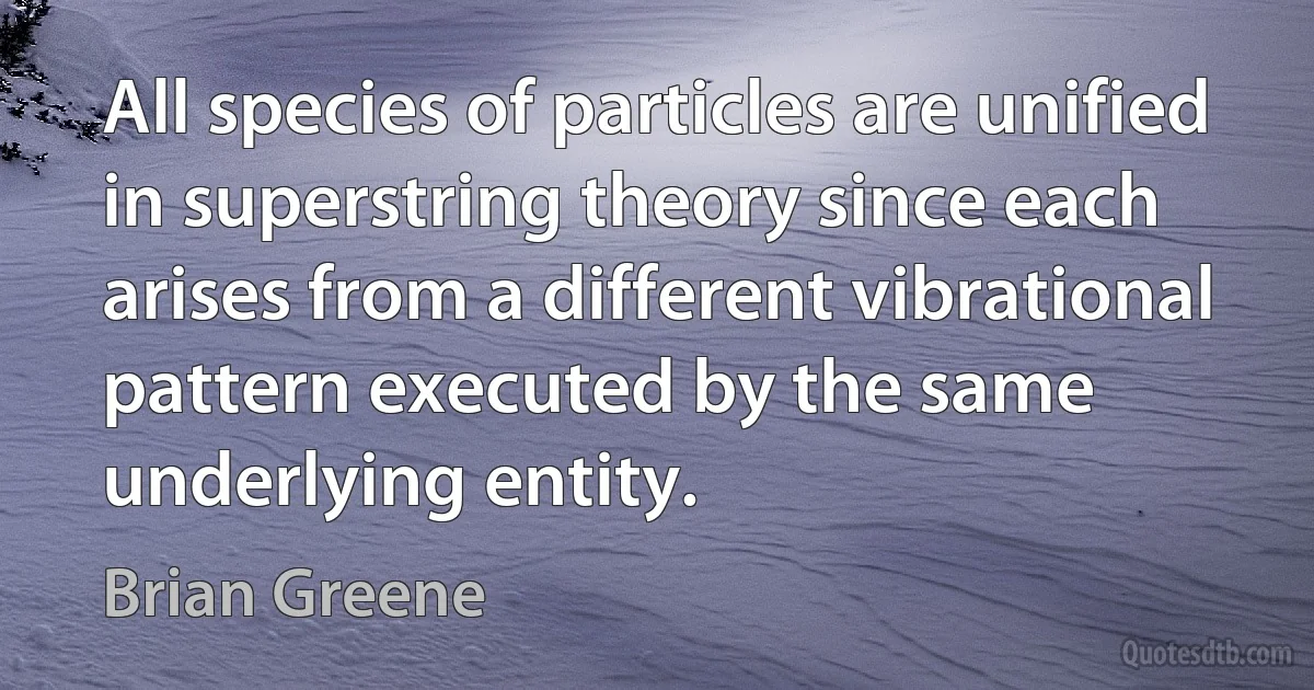 All species of particles are unified in superstring theory since each arises from a different vibrational pattern executed by the same underlying entity. (Brian Greene)