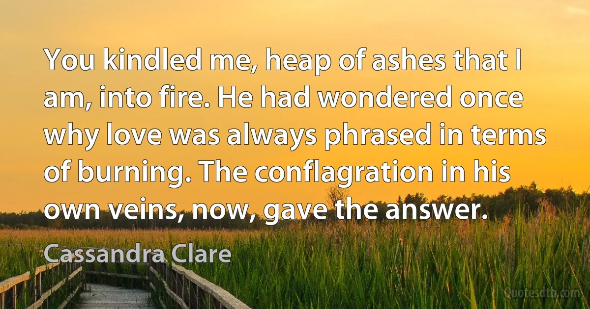 You kindled me, heap of ashes that I am, into fire. He had wondered once why love was always phrased in terms of burning. The conflagration in his own veins, now, gave the answer. (Cassandra Clare)