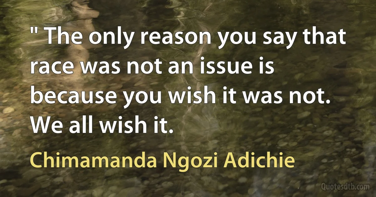 " The only reason you say that race was not an issue is because you wish it was not. We all wish it. (Chimamanda Ngozi Adichie)