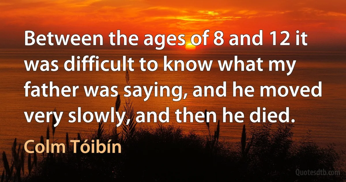 Between the ages of 8 and 12 it was difficult to know what my father was saying, and he moved very slowly, and then he died. (Colm Tóibín)