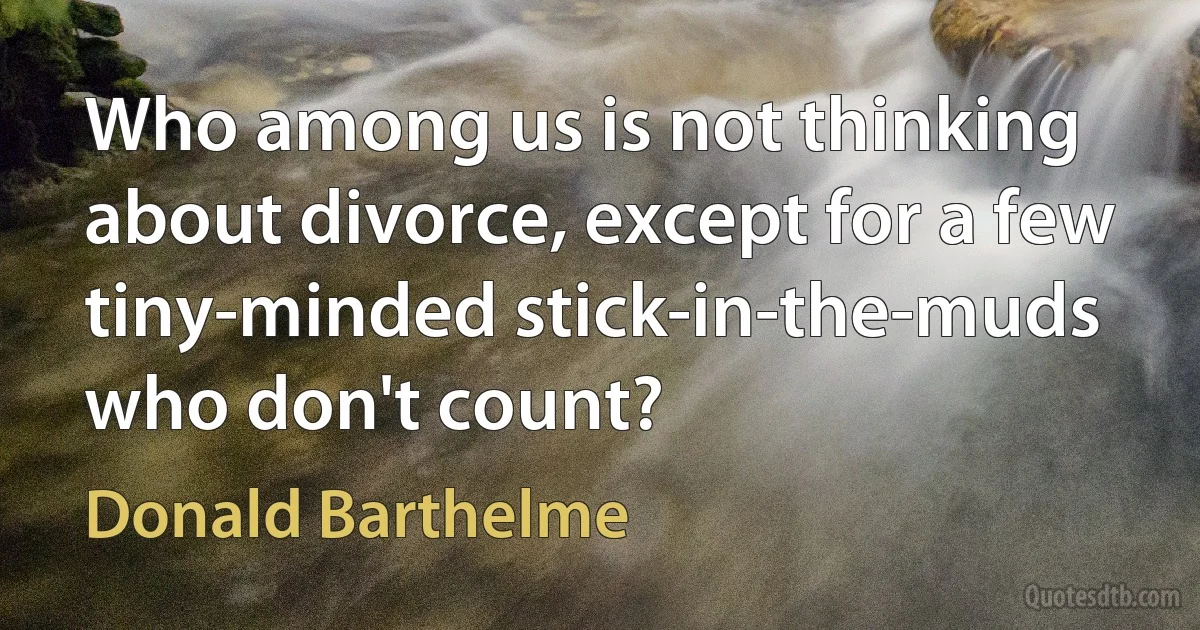 Who among us is not thinking about divorce, except for a few tiny-minded stick-in-the-muds who don't count? (Donald Barthelme)