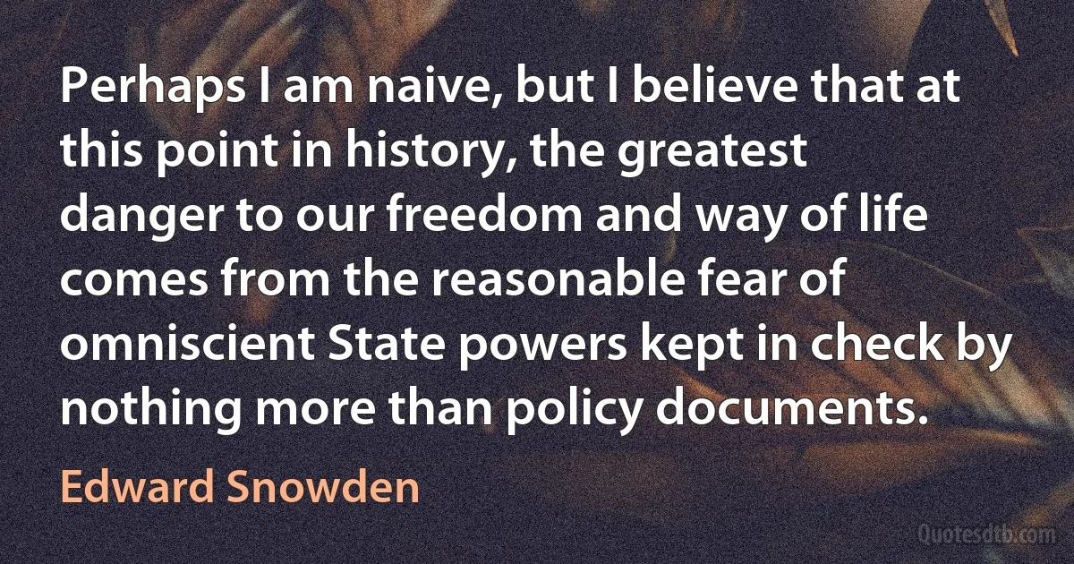 Perhaps I am naive, but I believe that at this point in history, the greatest danger to our freedom and way of life comes from the reasonable fear of omniscient State powers kept in check by nothing more than policy documents. (Edward Snowden)