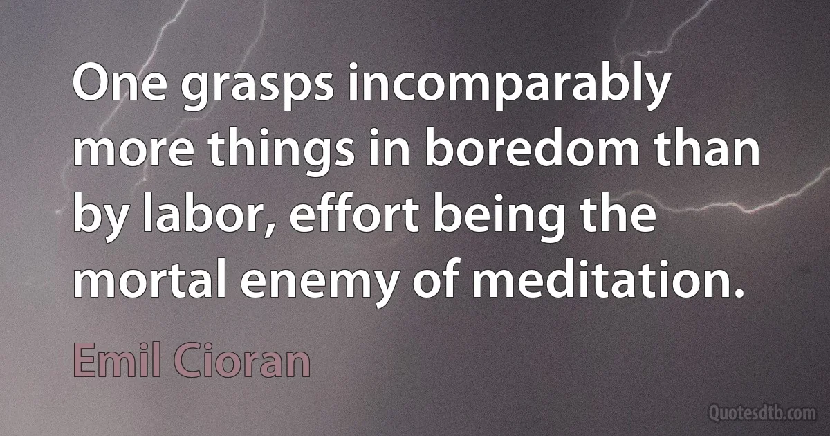 One grasps incomparably more things in boredom than by labor, effort being the mortal enemy of meditation. (Emil Cioran)