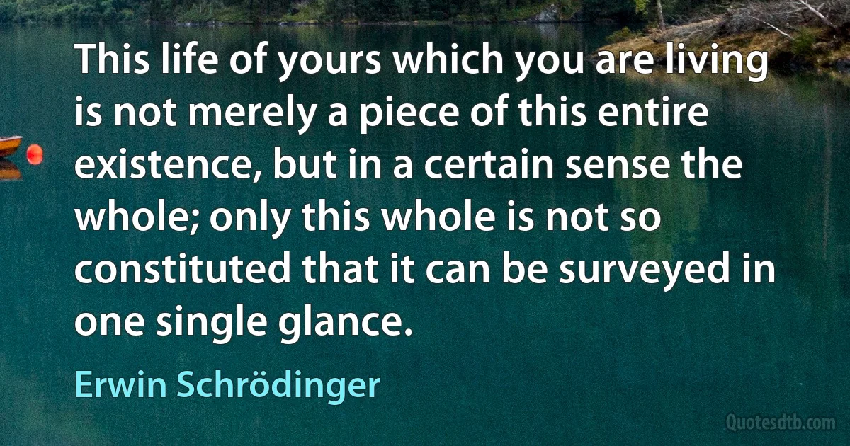 This life of yours which you are living is not merely a piece of this entire existence, but in a certain sense the whole; only this whole is not so constituted that it can be surveyed in one single glance. (Erwin Schrödinger)