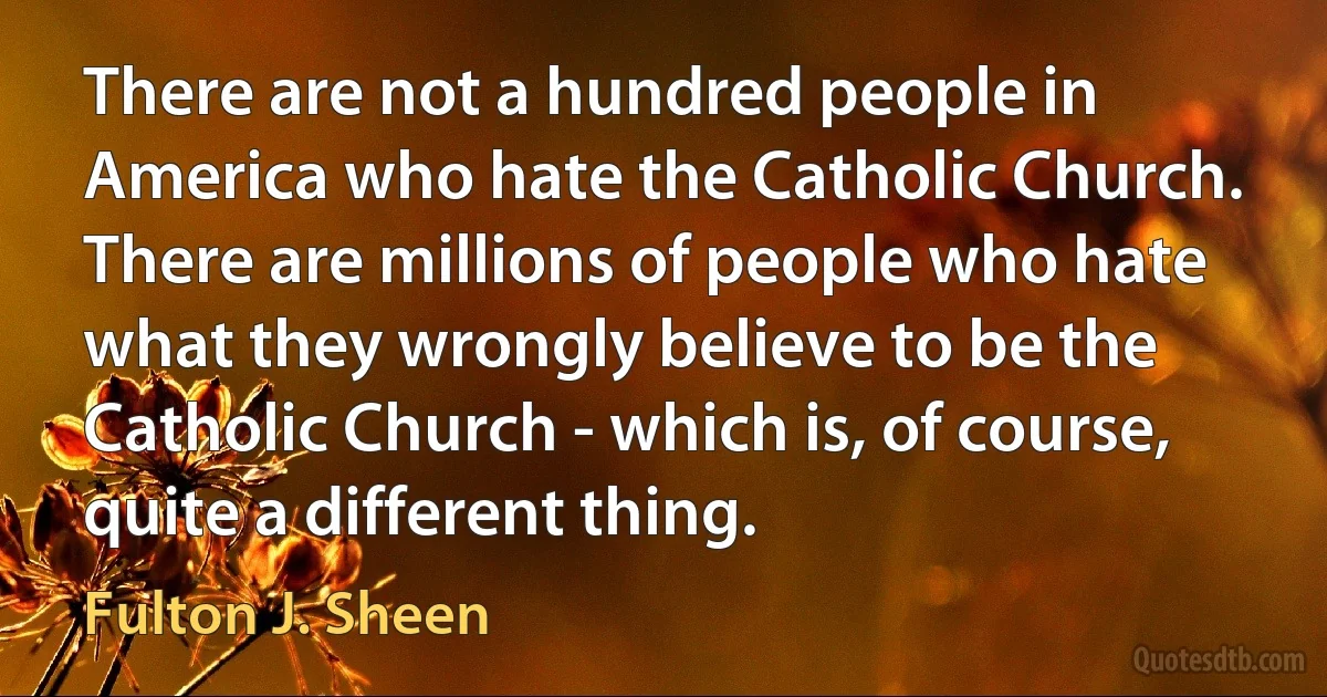 There are not a hundred people in America who hate the Catholic Church. There are millions of people who hate what they wrongly believe to be the Catholic Church - which is, of course, quite a different thing. (Fulton J. Sheen)