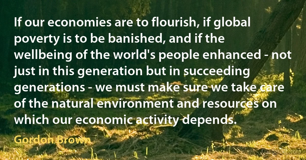 If our economies are to flourish, if global poverty is to be banished, and if the wellbeing of the world's people enhanced - not just in this generation but in succeeding generations - we must make sure we take care of the natural environment and resources on which our economic activity depends. (Gordon Brown)