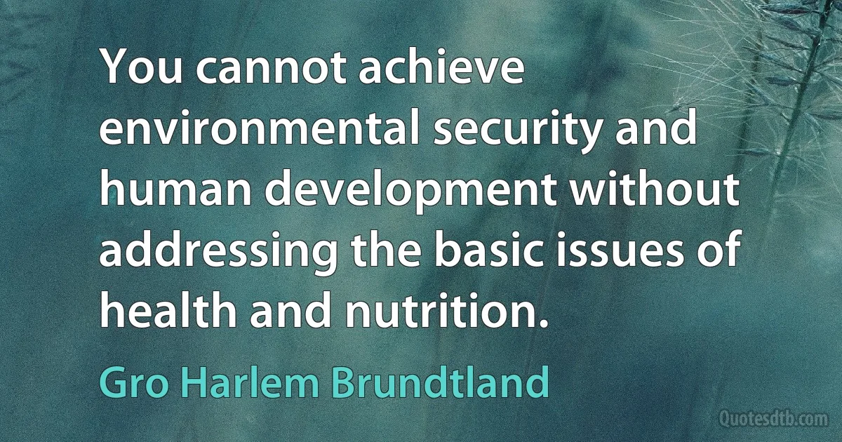 You cannot achieve environmental security and human development without addressing the basic issues of health and nutrition. (Gro Harlem Brundtland)