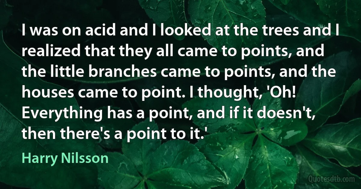 I was on acid and I looked at the trees and I realized that they all came to points, and the little branches came to points, and the houses came to point. I thought, 'Oh! Everything has a point, and if it doesn't, then there's a point to it.' (Harry Nilsson)