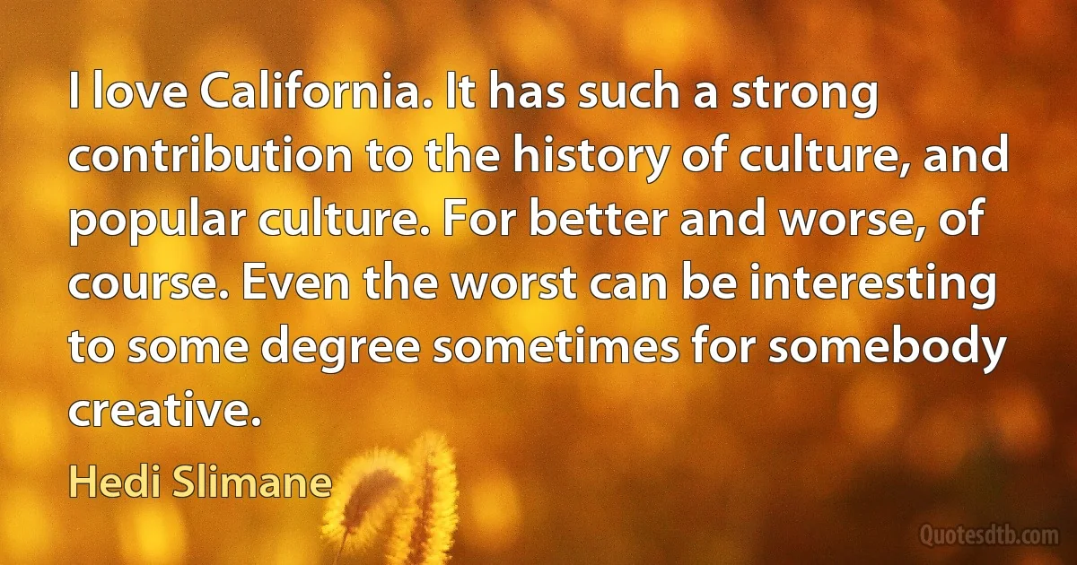 I love California. It has such a strong contribution to the history of culture, and popular culture. For better and worse, of course. Even the worst can be interesting to some degree sometimes for somebody creative. (Hedi Slimane)