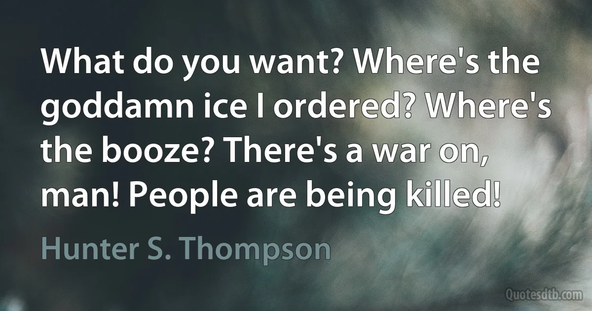 What do you want? Where's the goddamn ice I ordered? Where's the booze? There's a war on, man! People are being killed! (Hunter S. Thompson)