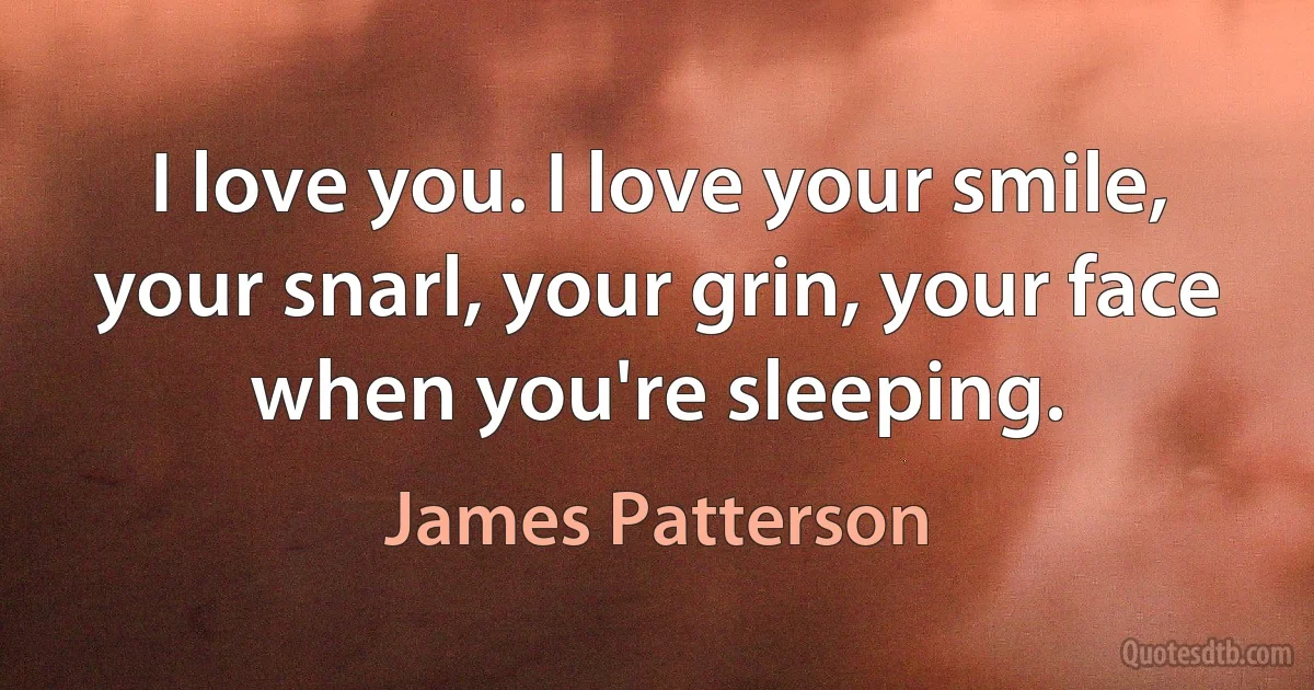 I love you. I love your smile, your snarl, your grin, your face when you're sleeping. (James Patterson)