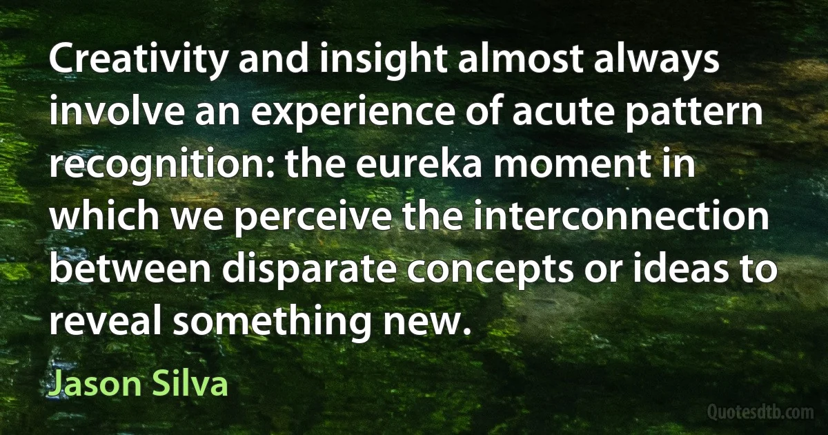 Creativity and insight almost always involve an experience of acute pattern recognition: the eureka moment in which we perceive the interconnection between disparate concepts or ideas to reveal something new. (Jason Silva)