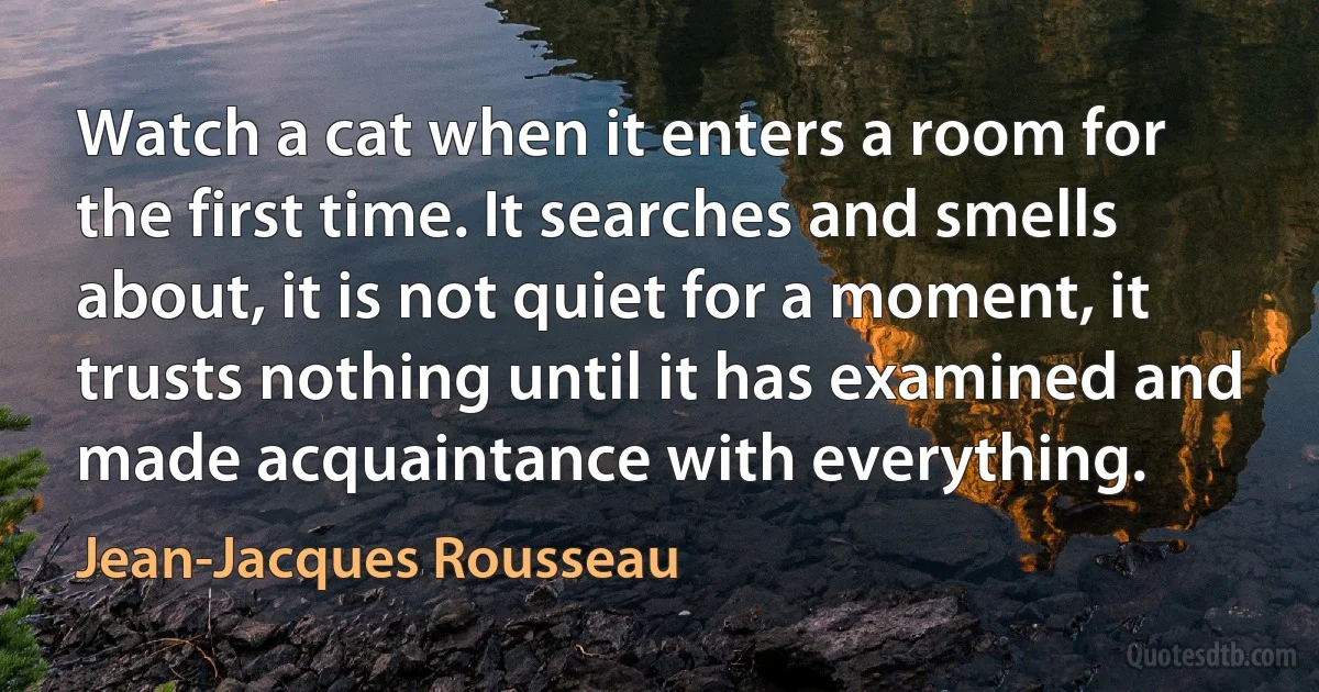 Watch a cat when it enters a room for the first time. It searches and smells about, it is not quiet for a moment, it trusts nothing until it has examined and made acquaintance with everything. (Jean-Jacques Rousseau)