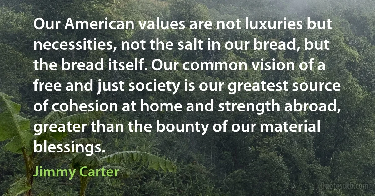 Our American values are not luxuries but necessities, not the salt in our bread, but the bread itself. Our common vision of a free and just society is our greatest source of cohesion at home and strength abroad, greater than the bounty of our material blessings. (Jimmy Carter)