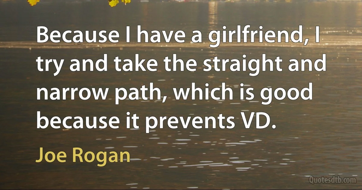 Because I have a girlfriend, I try and take the straight and narrow path, which is good because it prevents VD. (Joe Rogan)