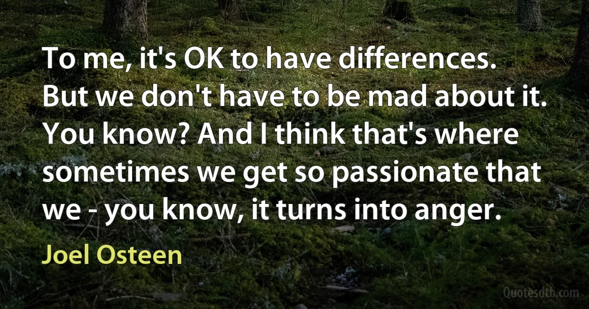 To me, it's OK to have differences. But we don't have to be mad about it. You know? And I think that's where sometimes we get so passionate that we - you know, it turns into anger. (Joel Osteen)