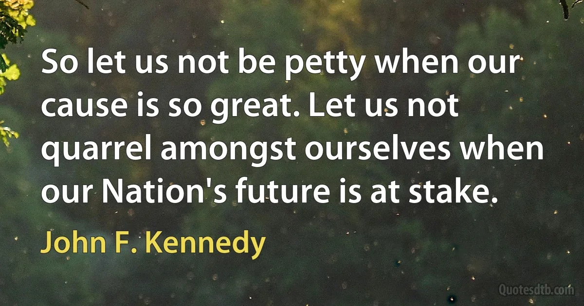 So let us not be petty when our cause is so great. Let us not quarrel amongst ourselves when our Nation's future is at stake. (John F. Kennedy)