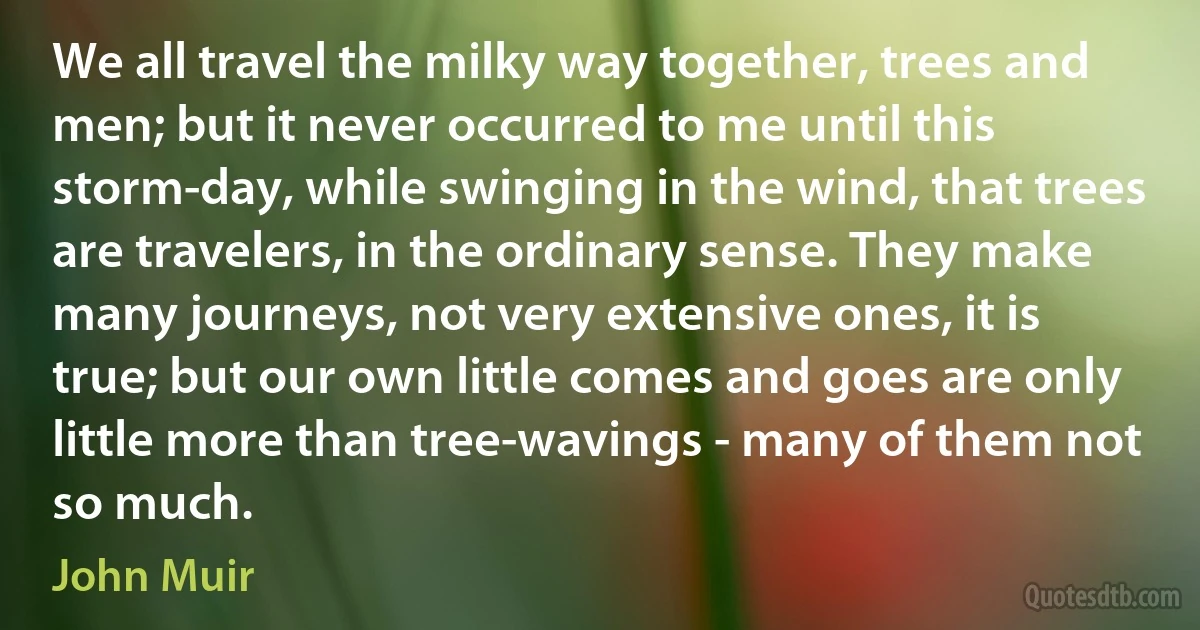 We all travel the milky way together, trees and men; but it never occurred to me until this storm-day, while swinging in the wind, that trees are travelers, in the ordinary sense. They make many journeys, not very extensive ones, it is true; but our own little comes and goes are only little more than tree-wavings - many of them not so much. (John Muir)