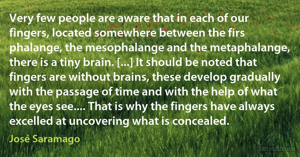 Very few people are aware that in each of our fingers, located somewhere between the firs phalange, the mesophalange and the metaphalange, there is a tiny brain. [...] It should be noted that fingers are without brains, these develop gradually with the passage of time and with the help of what the eyes see.... That is why the fingers have always excelled at uncovering what is concealed. (José Saramago)