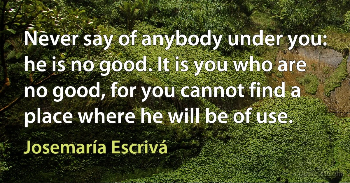 Never say of anybody under you: he is no good. It is you who are no good, for you cannot find a place where he will be of use. (Josemaría Escrivá)