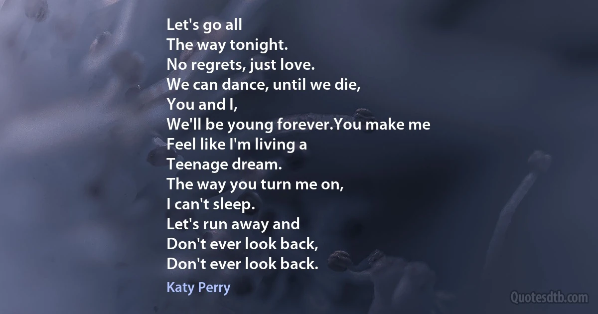 Let's go all
The way tonight.
No regrets, just love.
We can dance, until we die,
You and I,
We'll be young forever.You make me
Feel like I'm living a
Teenage dream.
The way you turn me on,
I can't sleep.
Let's run away and
Don't ever look back,
Don't ever look back. (Katy Perry)