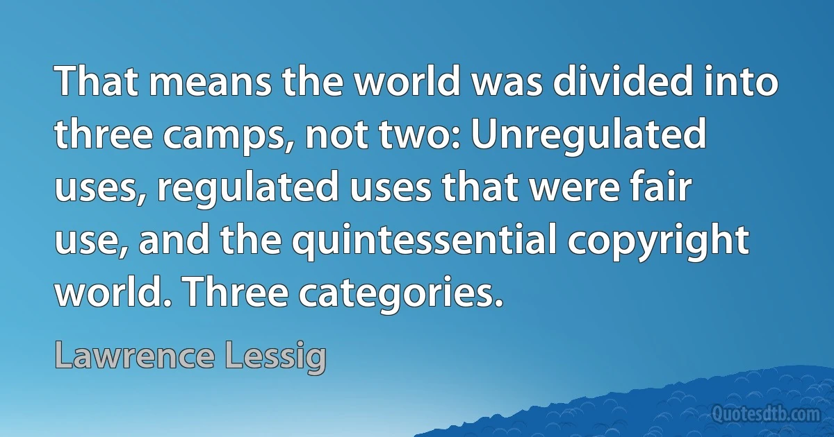 That means the world was divided into three camps, not two: Unregulated uses, regulated uses that were fair use, and the quintessential copyright world. Three categories. (Lawrence Lessig)