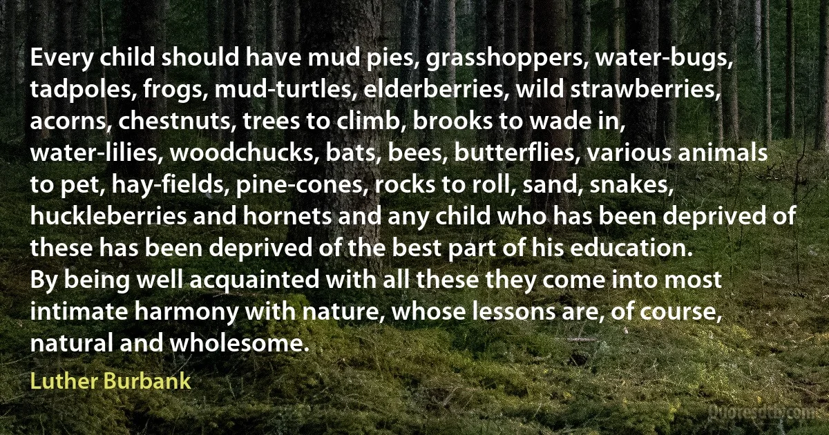 Every child should have mud pies, grasshoppers, water-bugs, tadpoles, frogs, mud-turtles, elderberries, wild strawberries, acorns, chestnuts, trees to climb, brooks to wade in, water-lilies, woodchucks, bats, bees, butterflies, various animals to pet, hay-fields, pine-cones, rocks to roll, sand, snakes, huckleberries and hornets and any child who has been deprived of these has been deprived of the best part of his education.
By being well acquainted with all these they come into most intimate harmony with nature, whose lessons are, of course, natural and wholesome. (Luther Burbank)