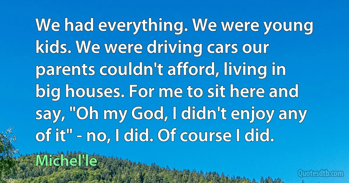 We had everything. We were young kids. We were driving cars our parents couldn't afford, living in big houses. For me to sit here and say, "Oh my God, I didn't enjoy any of it" - no, I did. Of course I did. (Michel'le)