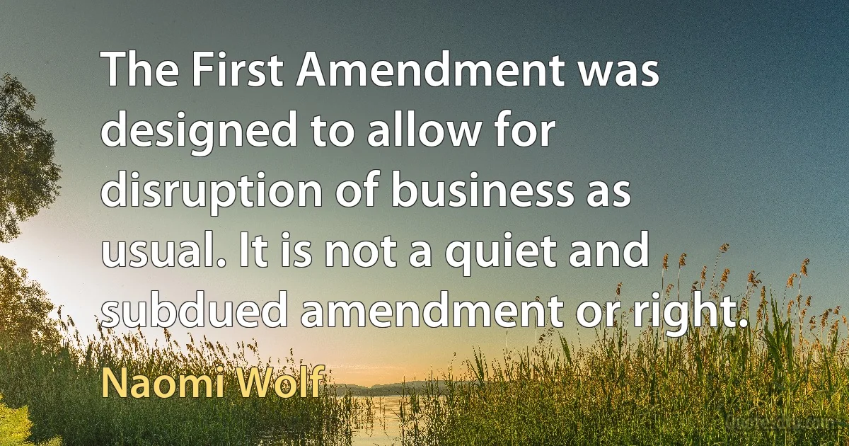 The First Amendment was designed to allow for disruption of business as usual. It is not a quiet and subdued amendment or right. (Naomi Wolf)