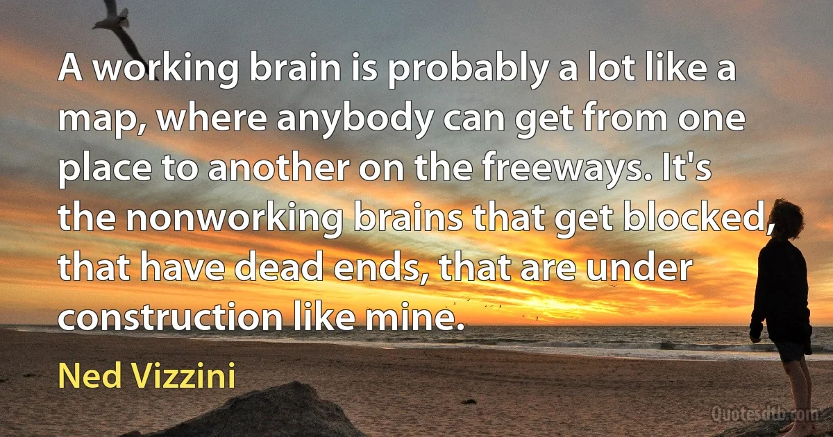 A working brain is probably a lot like a map, where anybody can get from one place to another on the freeways. It's the nonworking brains that get blocked, that have dead ends, that are under construction like mine. (Ned Vizzini)